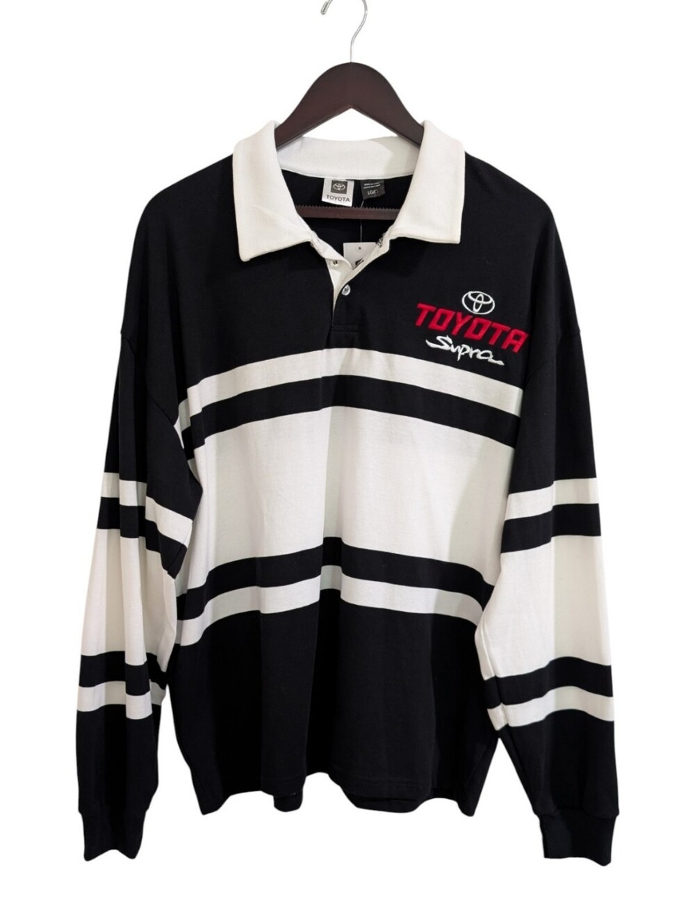 Toyota Supra Long Sleeve Rugby Polo Shirt – Black/White Striped – Men's L NWT